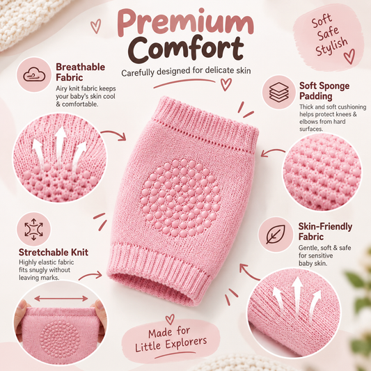 Baby knee and elbow pads showing breathable knit fabric and raised non-slip grip dots