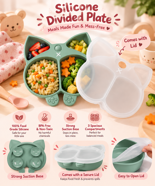 Corgi silicone divided plate with secure lid, showing its suction base and easy-open lid