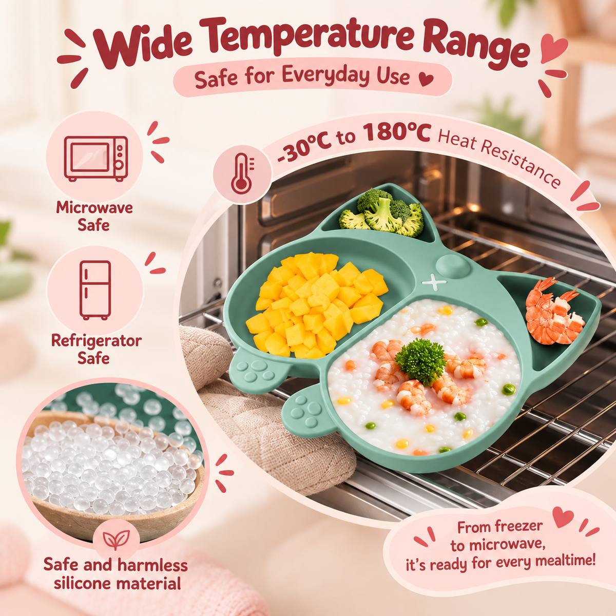 Nestush Corgi silicone baby plate shown as microwave and refrigerator safe, with a -30°C to 180°C temperature range
