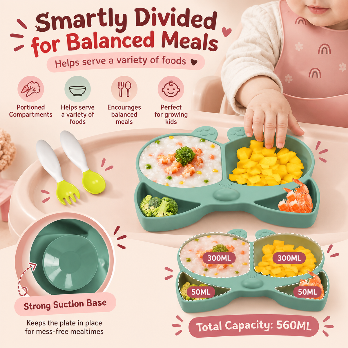 Nestush Corgi 4-section silicone baby plate with strong suction base, total capacity 560ml, for balanced meals