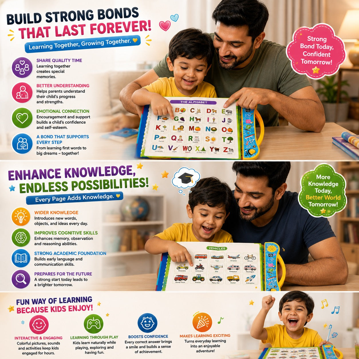 Father and son bonding over NestLearn Intelligent Book, exploring vehicles and alphabet pages together