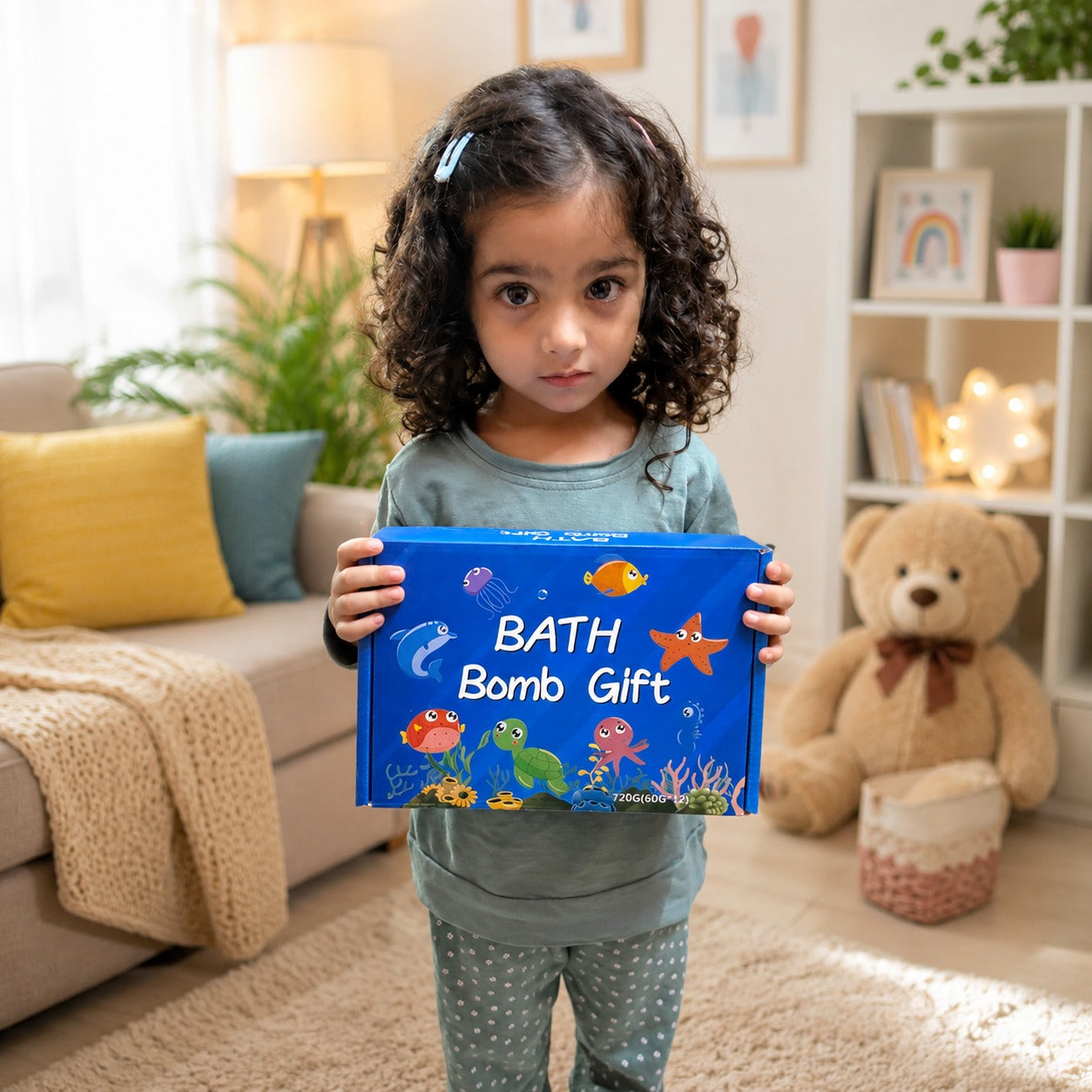 Little girl holding the NestSplash bath bomb gift box in a cozy living room setting