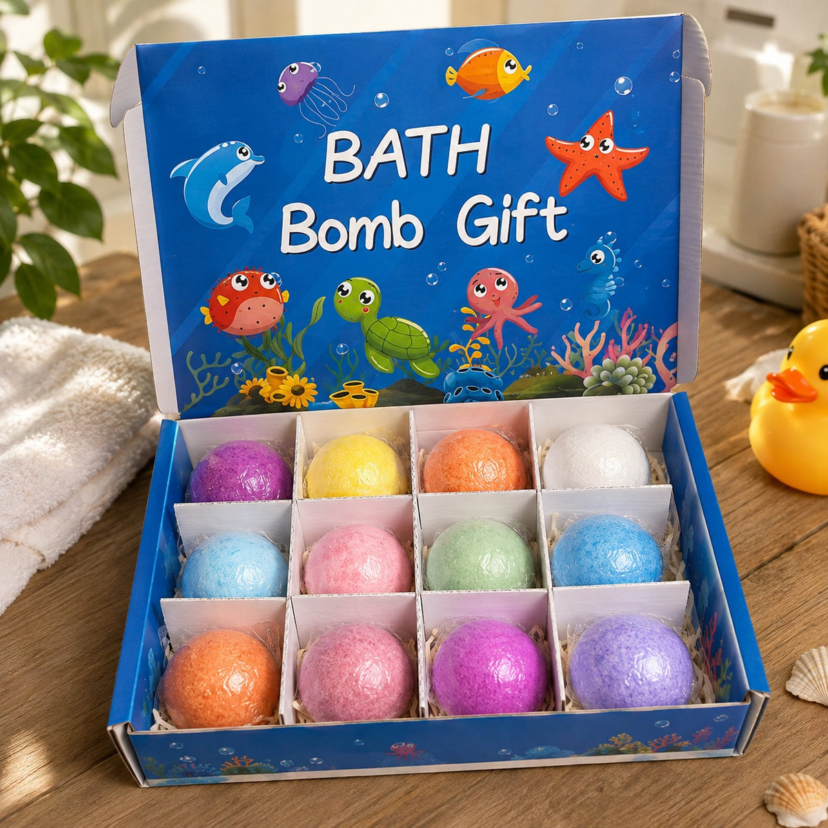 NestSplash bath bomb gift set open showing 12 colorful bath bombs arranged in a grid