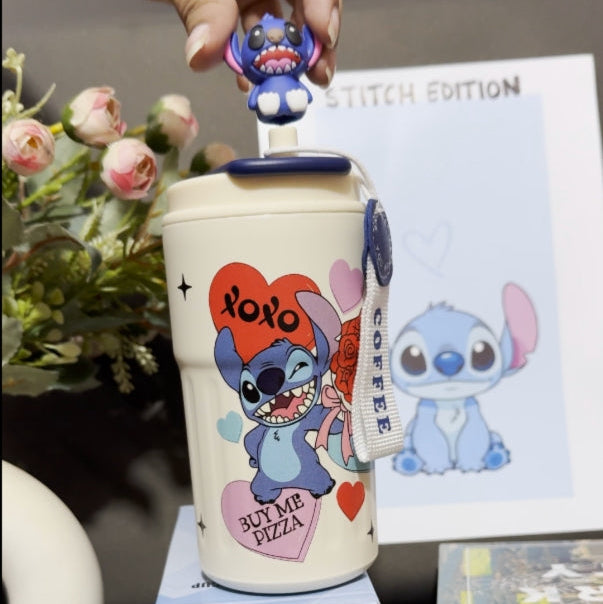 Nestush 450ml insulated kids tumbler with XOXO pizza character design, Stitch character topper and carry strap