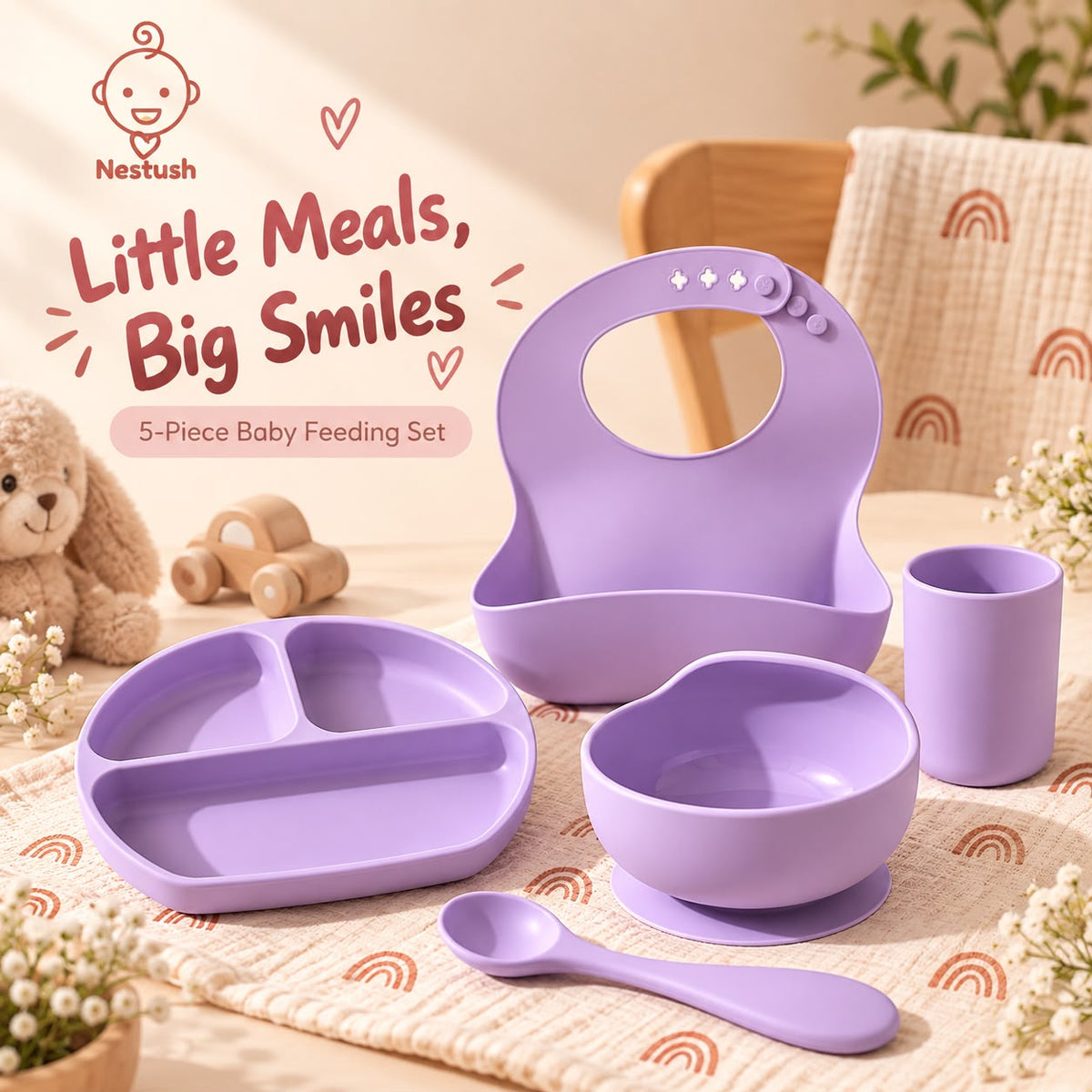 Baby wearing lavender silicone bib during feeding time