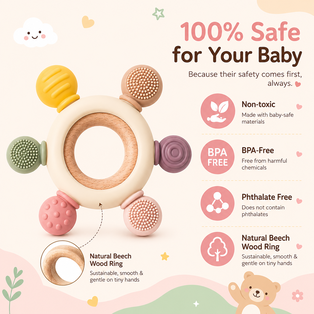 100% Safe for Your Baby infographic featuring the Nestush baby teething ring, highlighting non-toxic, BPA-free, phthalate-free materials and a natural beech wood ring