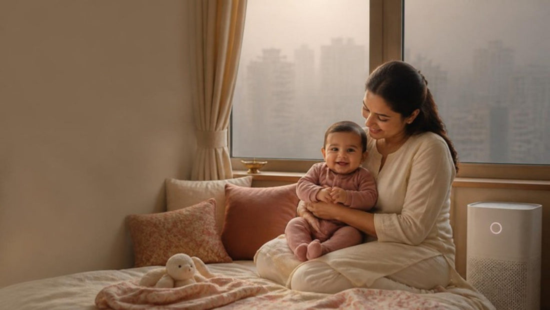 Indian mother holding her smiling baby in a clean indoor room with an air purifier while thick Delhi smog fills the window outside