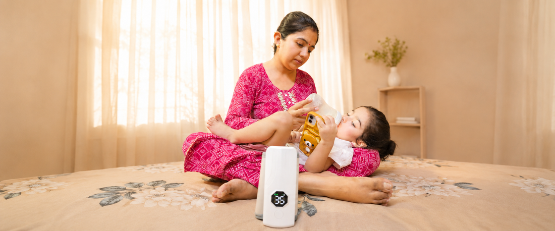 Nestush portable USB-C rechargeable baby bottle warmer with LED temperature display for warming baby bottles anywhere in India.
