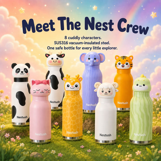 Insulated stainless steel water bottles for kids compared side by side, including the Nest Crew animal-head bottle by Nestush