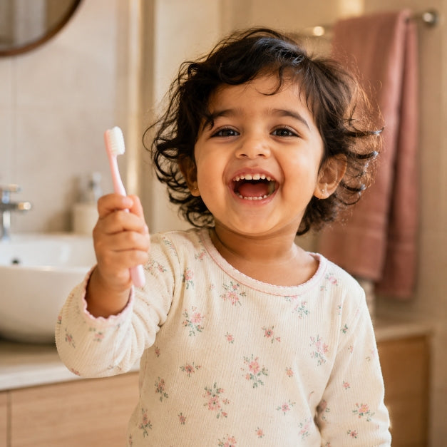 Parent helping toddler brush teeth during a warm bedtime routine