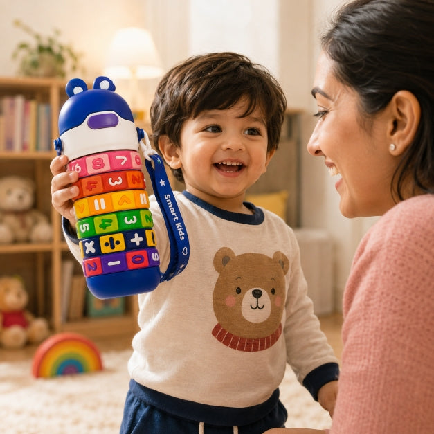 Toddler proudly showing off their personalized water bottle to a parent