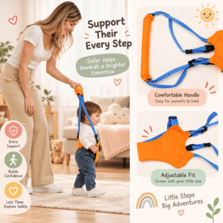 Parent guiding toddler with adjustable baby walking harness