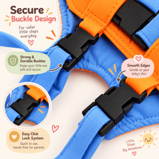 Orange and blue baby walking harness showing adjustable straps and padded handle