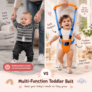 Baby taking supported steps with orange and blue walking harness