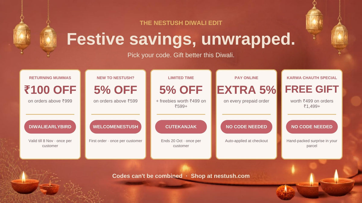 Nestush Diwali offers – CUTEKANJAK 5% off with freebies, free Karwa Chauth gift on ₹1,499+, DIWALIEARLYBIRD ₹100 off, WELCOMENESTUSH 5% off, extra 5% on prepaid