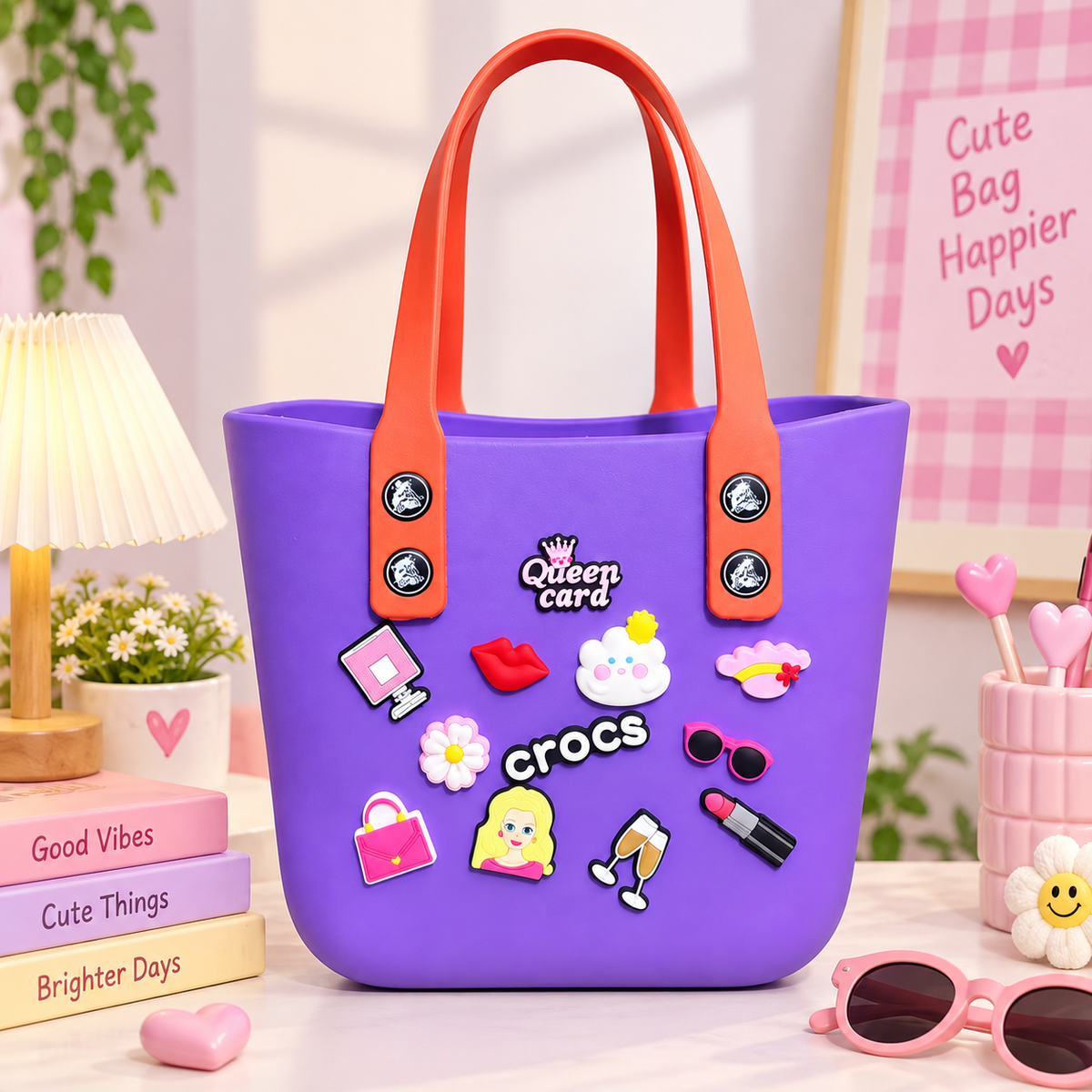 Purple Crocs-style tote bag with colorful decorative charms and orange handles displayed in a cute pastel setting