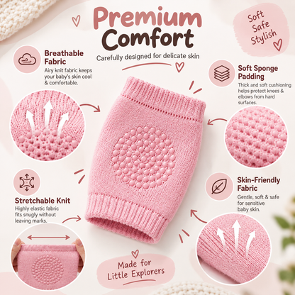 Baby knee and elbow pads showing breathable knit fabric and raised non-slip grip dots
