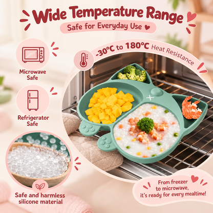 Nestush Corgi silicone baby plate shown as microwave and refrigerator safe, with a -30°C to 180°C temperature range