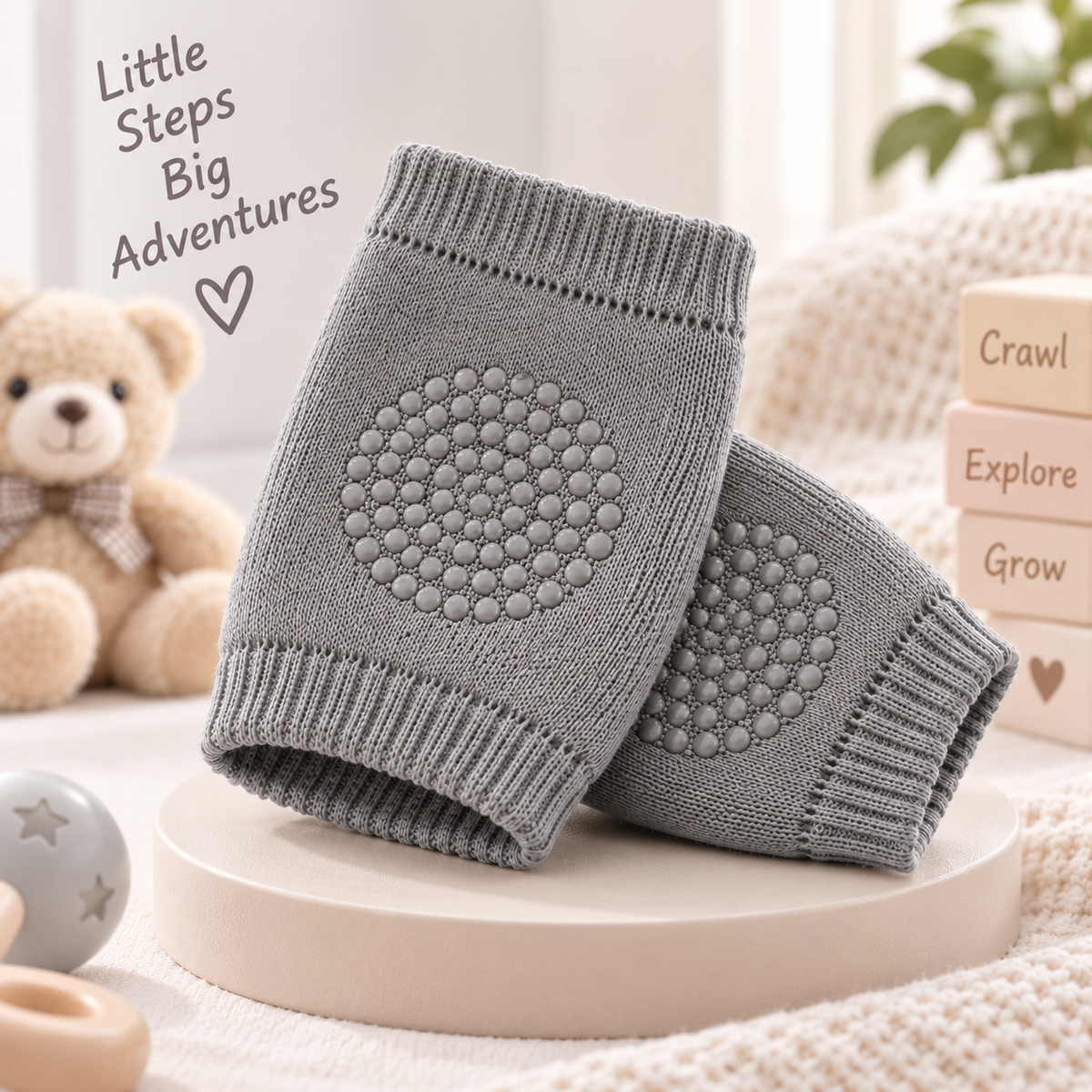 Grey baby knee and elbow pads with soft stretch fabric and non-slip grip dots
