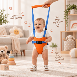 Orange and blue baby walking harness with adjustable size measurements