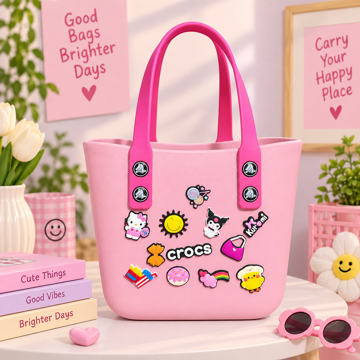 Pink Crocs-style tote bag with bright pink handles and colorful decorative charms displayed in a cute pastel lifestyle setting