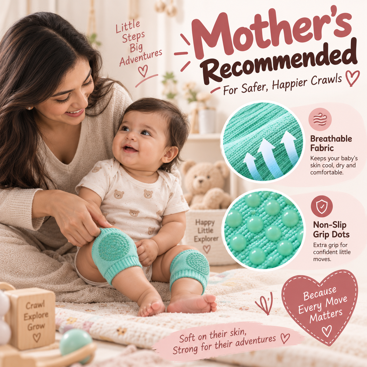 Mother putting mint baby knee pad on crawling baby for comfortable knee protection
