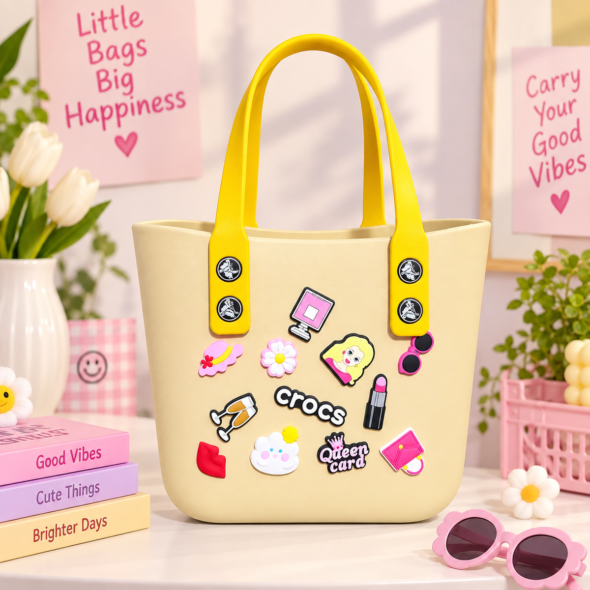 Cream Crocs-style tote bag with bright yellow handles and colorful decorative charms displayed in a pastel lifestyle setting