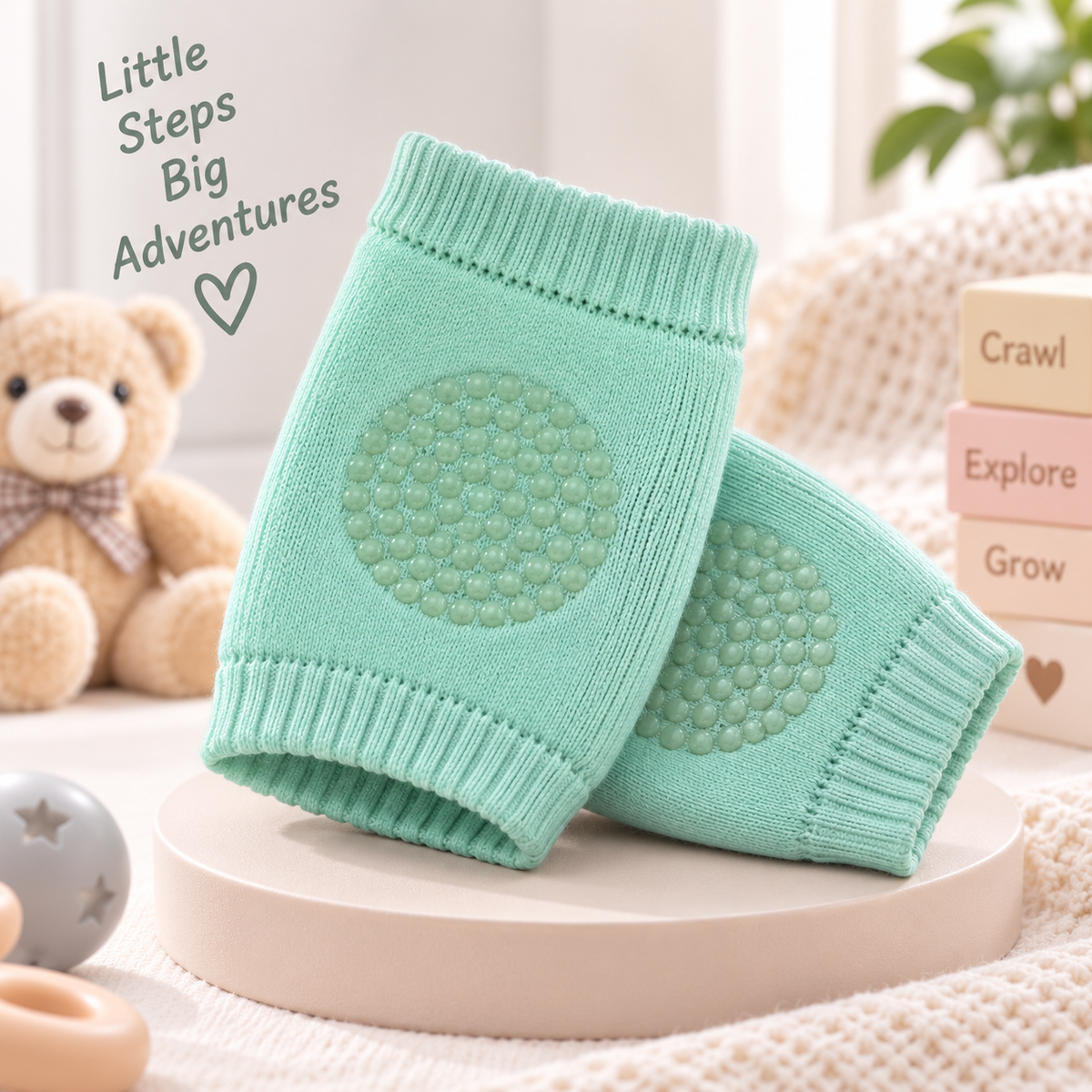 Mint green Nestush baby knee and elbow pads with breathable knitted fabric and non-slip grip dots, displayed on a cream pedestal in a soft nursery setting