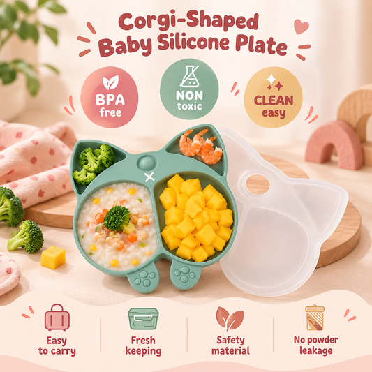 Nestush Corgi-shaped baby silicone plate in sage green with a clear lid, shown with rice, mango and broccoli