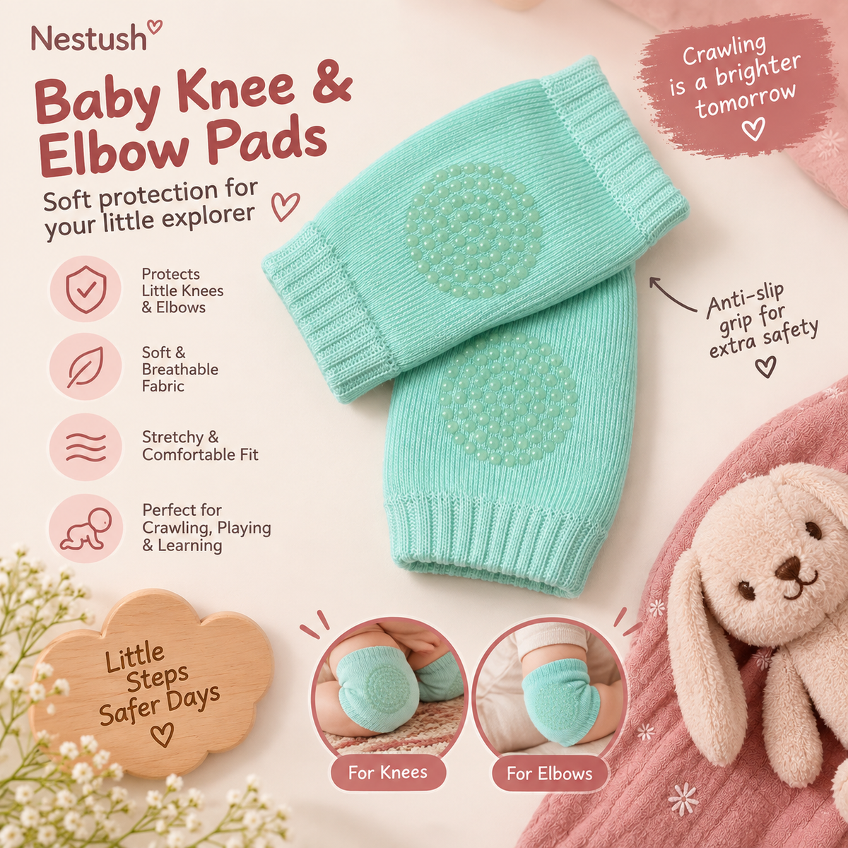 Nestush Baby Knee & Elbow Pads in mint green with breathable fabric, non-slip grip dots, stretchy comfortable fit, and illustrations showing use on knees and elbows.