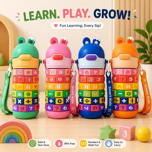 All four NestMath Stacking Water Bottle variants — green, pink, blue and orange — lined up together