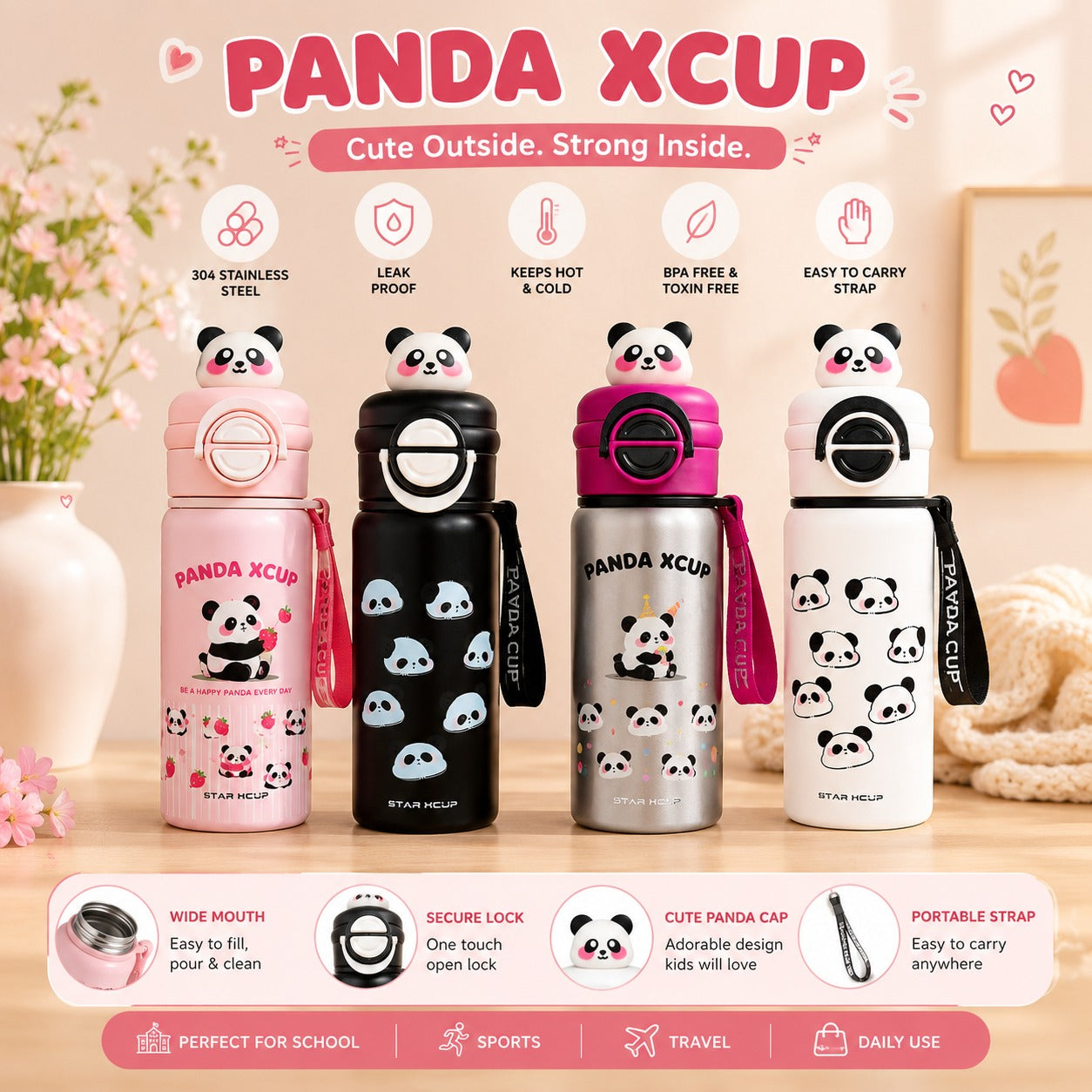 All four NestPanda variants — pink, black, silver and white — lined up together