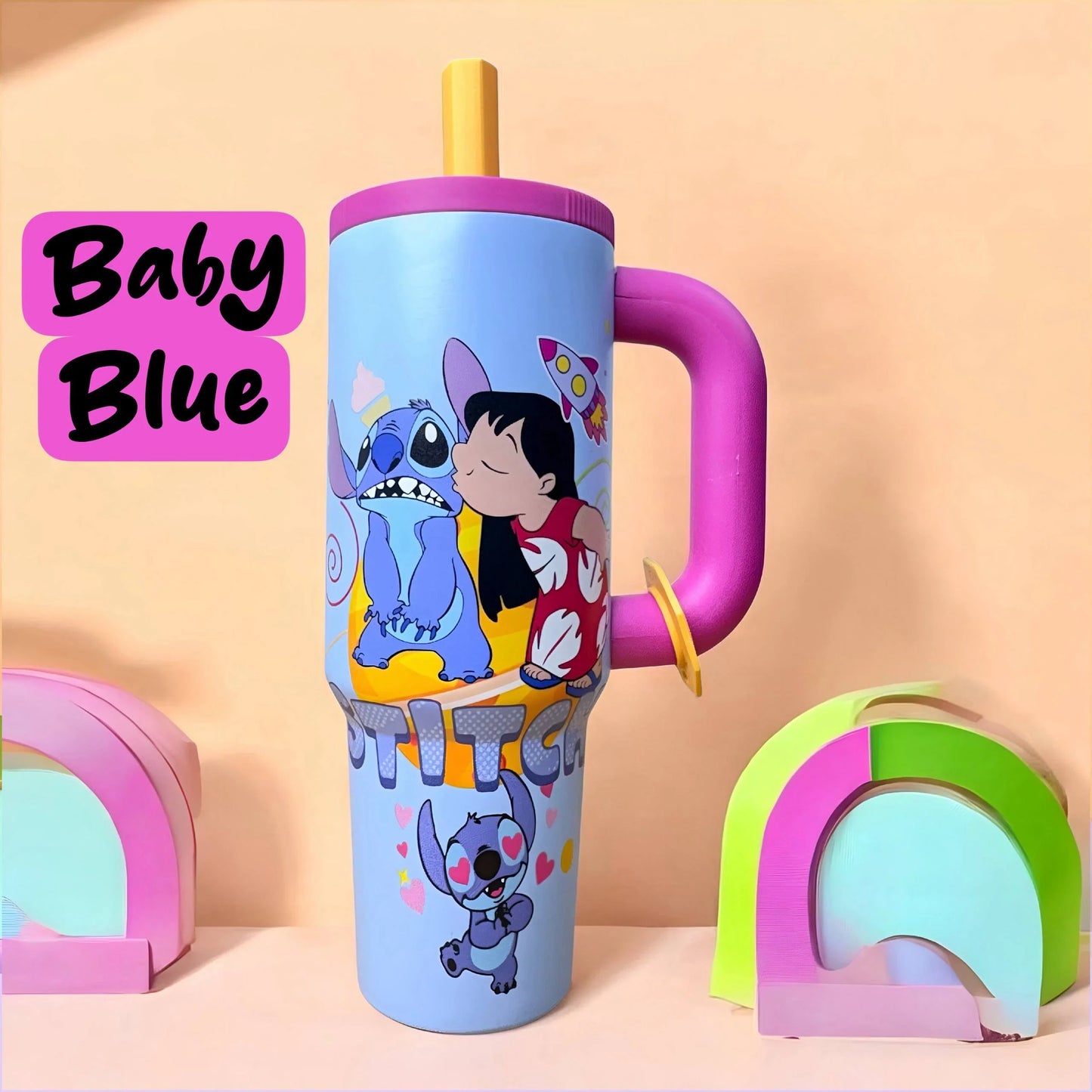 Baby Blue Stitch insulated tumbler with large comfort handle and reusable straw