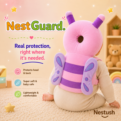 Baby wearing NestGuard Butterfly head and back protector while crawling