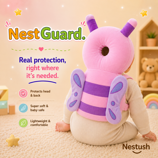 Baby wearing NestGuard Butterfly head and back protector while crawling