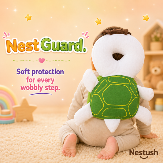 Baby wearing NestGuard Turtle head and back protector while crawling
