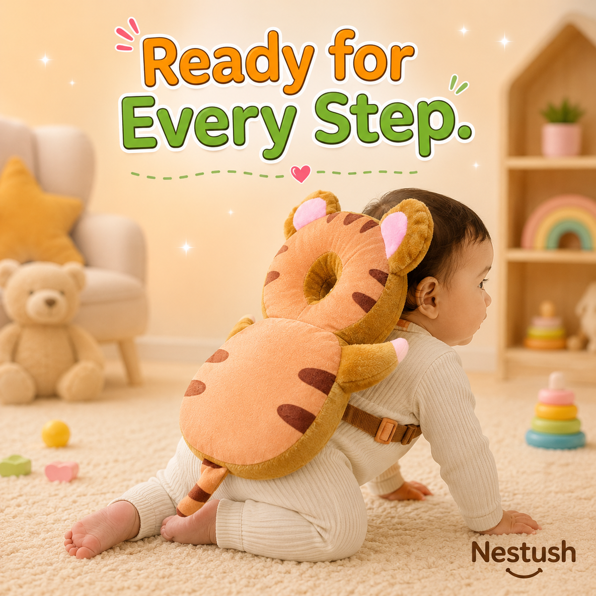 Baby wearing NestGuard head and back protector ready to explore