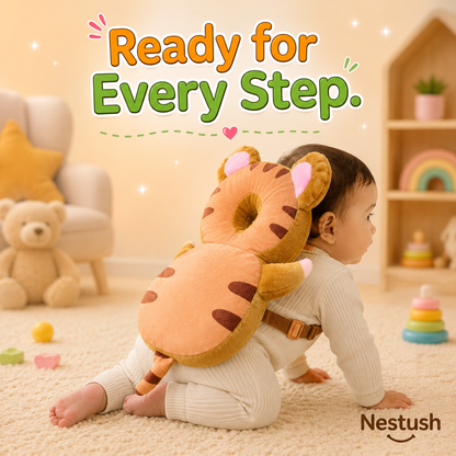 Baby wearing NestGuard head and back protector ready to explore
