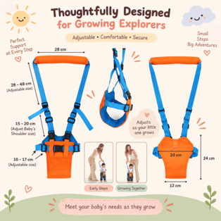 Orange and blue baby walking harness with adjustable size measurements