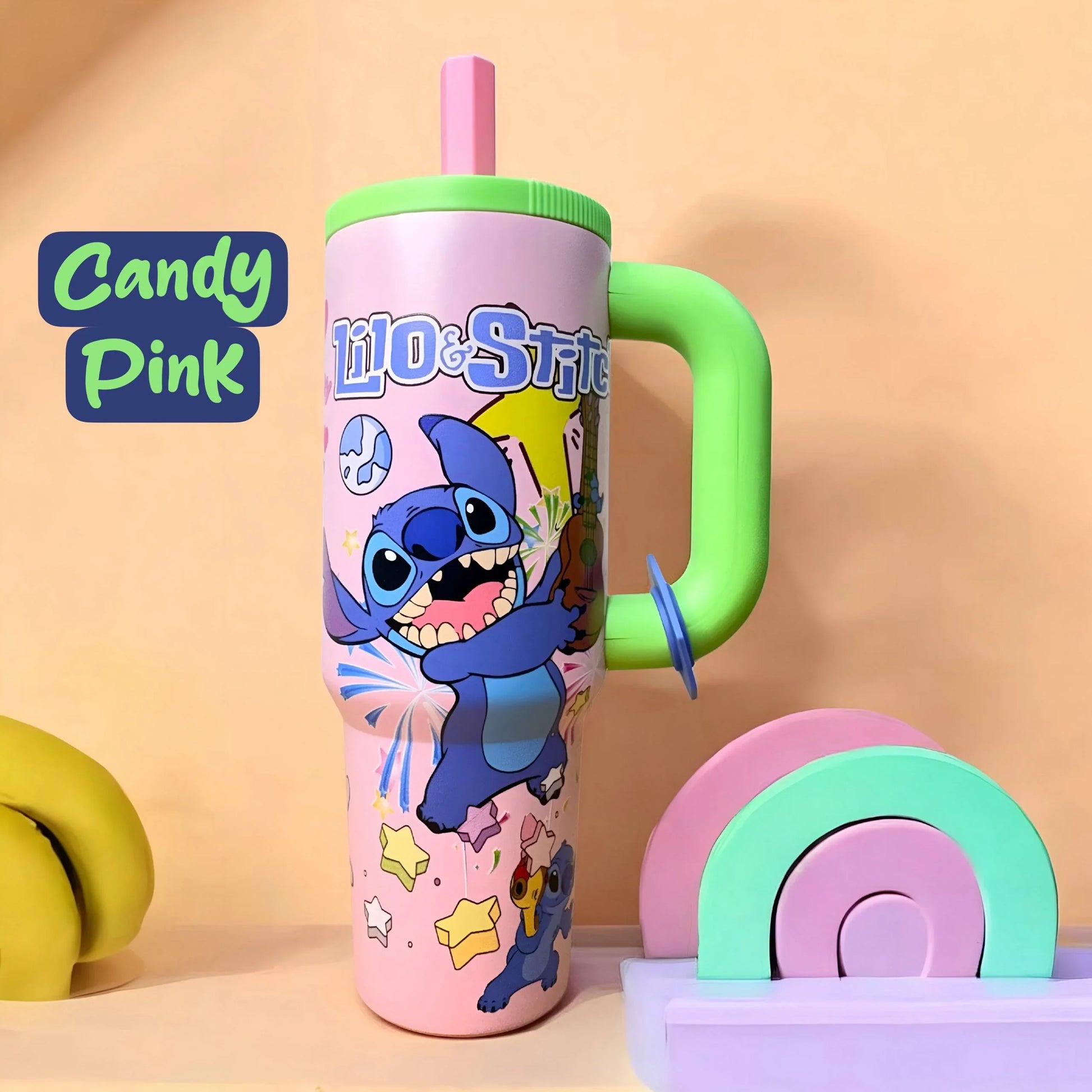 Candy Pink Stitch insulated tumbler with colorful Stitch print and reusable straw