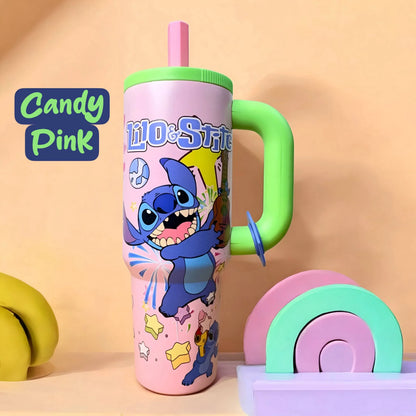 Candy Pink Stitch insulated tumbler with colorful Stitch print and reusable straw