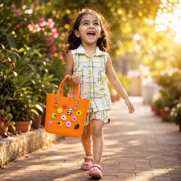 Child happily carrying a NestVibe silicone jelly crocs tote bag decorated with original fruit and flower charms outdoors