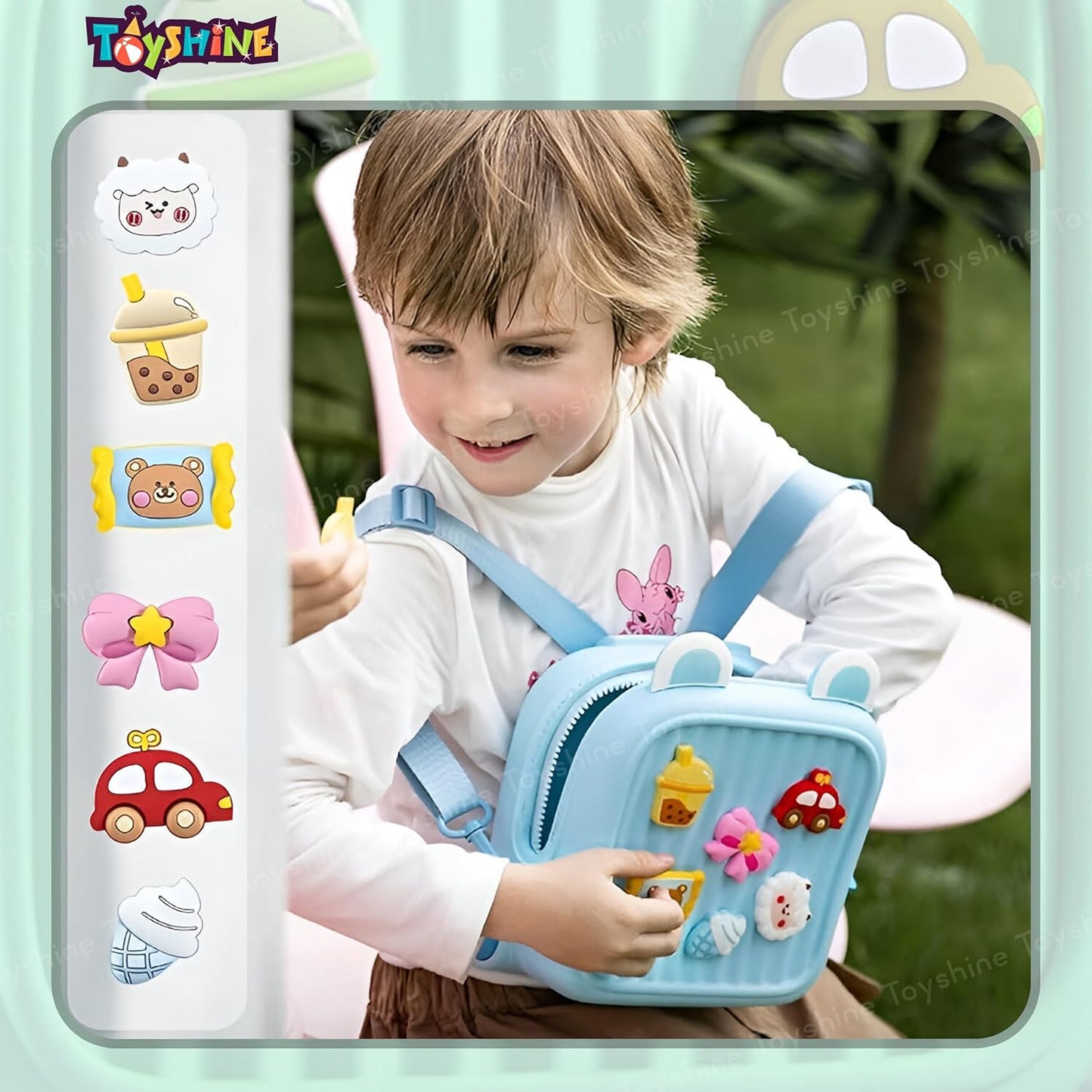 Child wearing NestCharm mini backpack outdoors with charm accessories displayed alongside