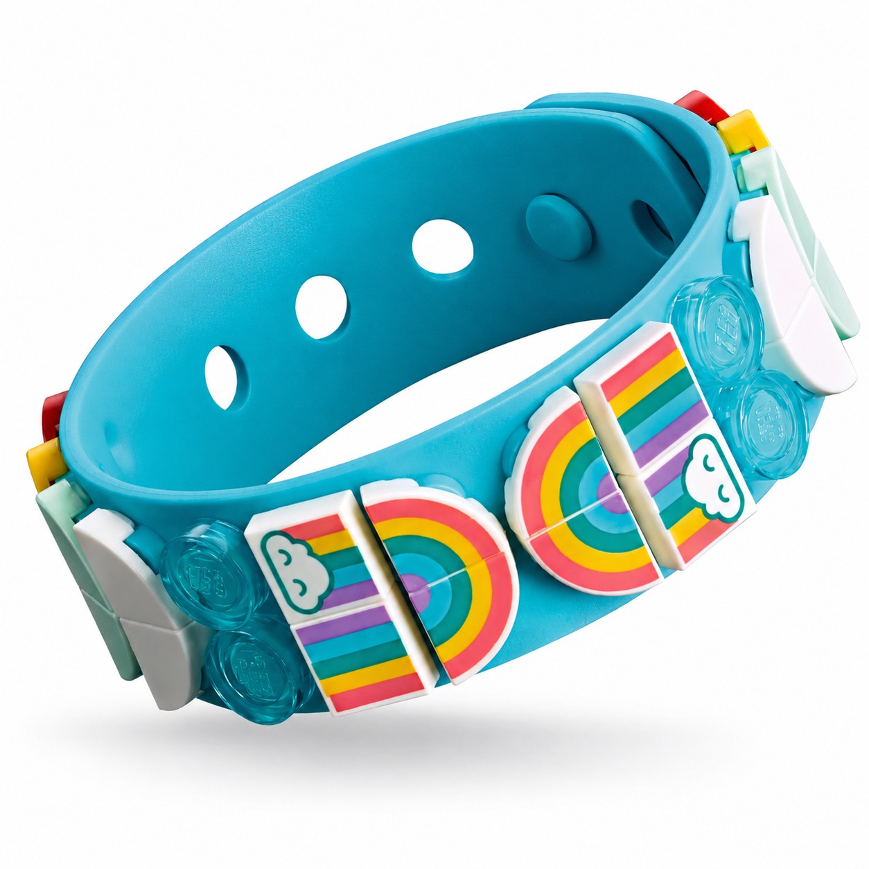 Close-up of LEGO DOTS Rainbow Bracelet worn on wrist, showing tile detail