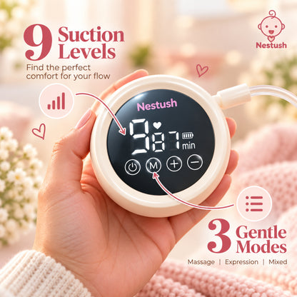 Close-up of NestFlow LED display showing 9 suction levels and 3 modes