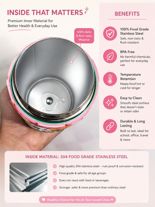 Close-up of NestMath Stacking Water Bottle's SUS316 food-grade stainless steel interior and safety benefits