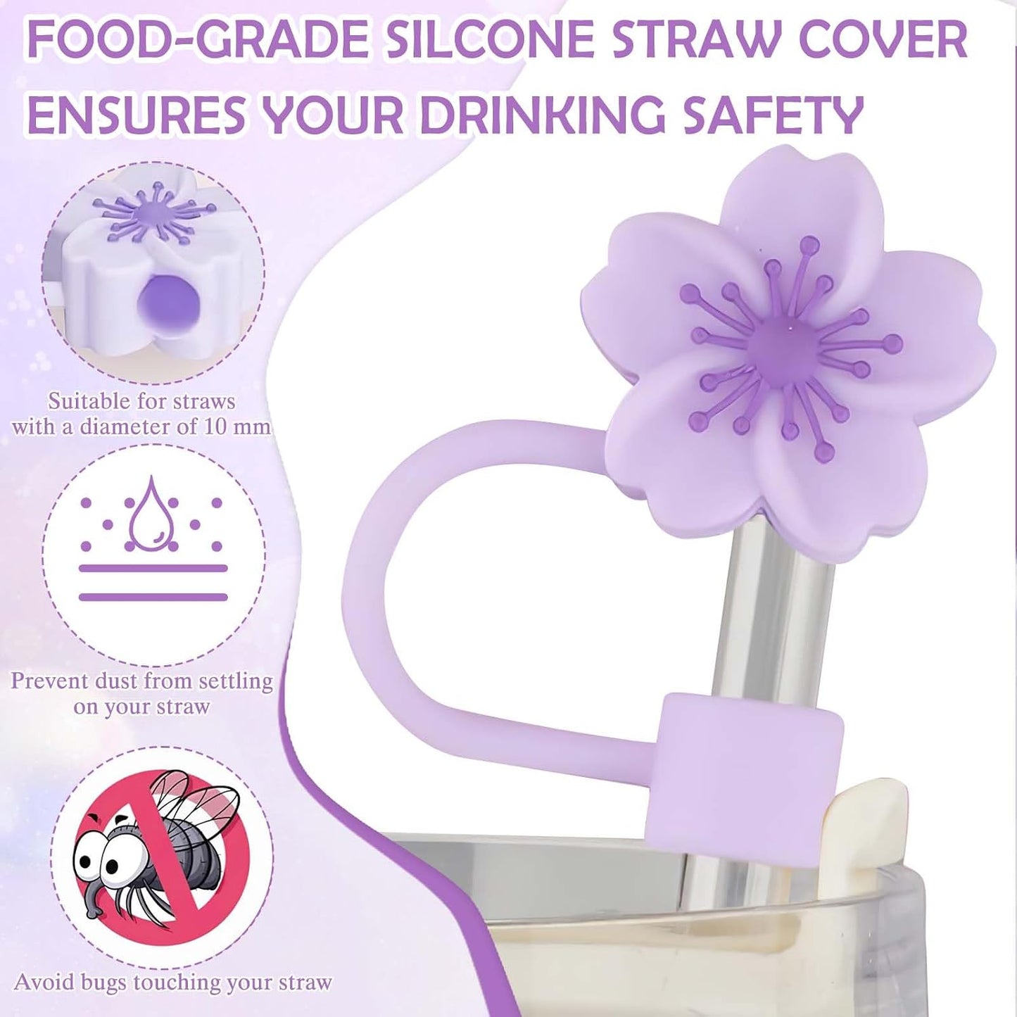 Close-up of NestSip food-grade silicone sakura flower straw topper covering a stainless steel straw for hygiene and dust protection