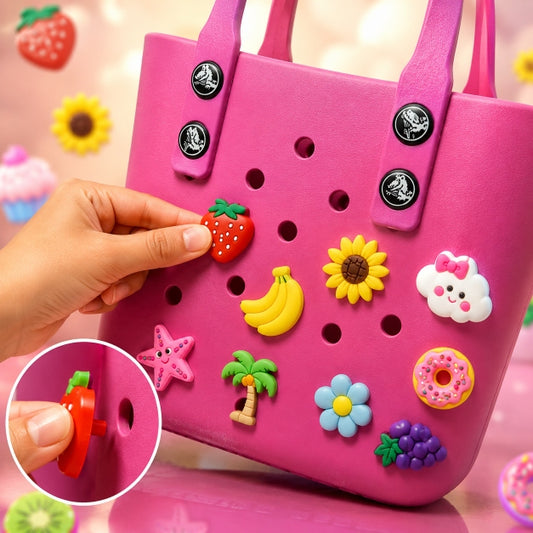Close-up of a hand snapping an original silicone charm onto the textured surface of a NestVibe crocs tote bag