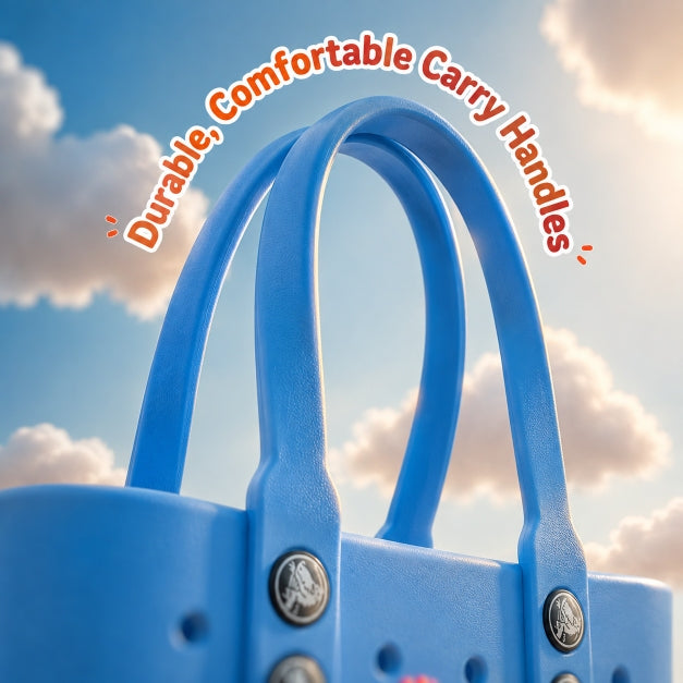 Close-up of the tall looped carry handles on a NestVibe silicone jelly crocs tote bag