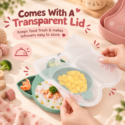 Hands placing the transparent lid on a Nestush Corgi silicone baby plate to keep food fresh